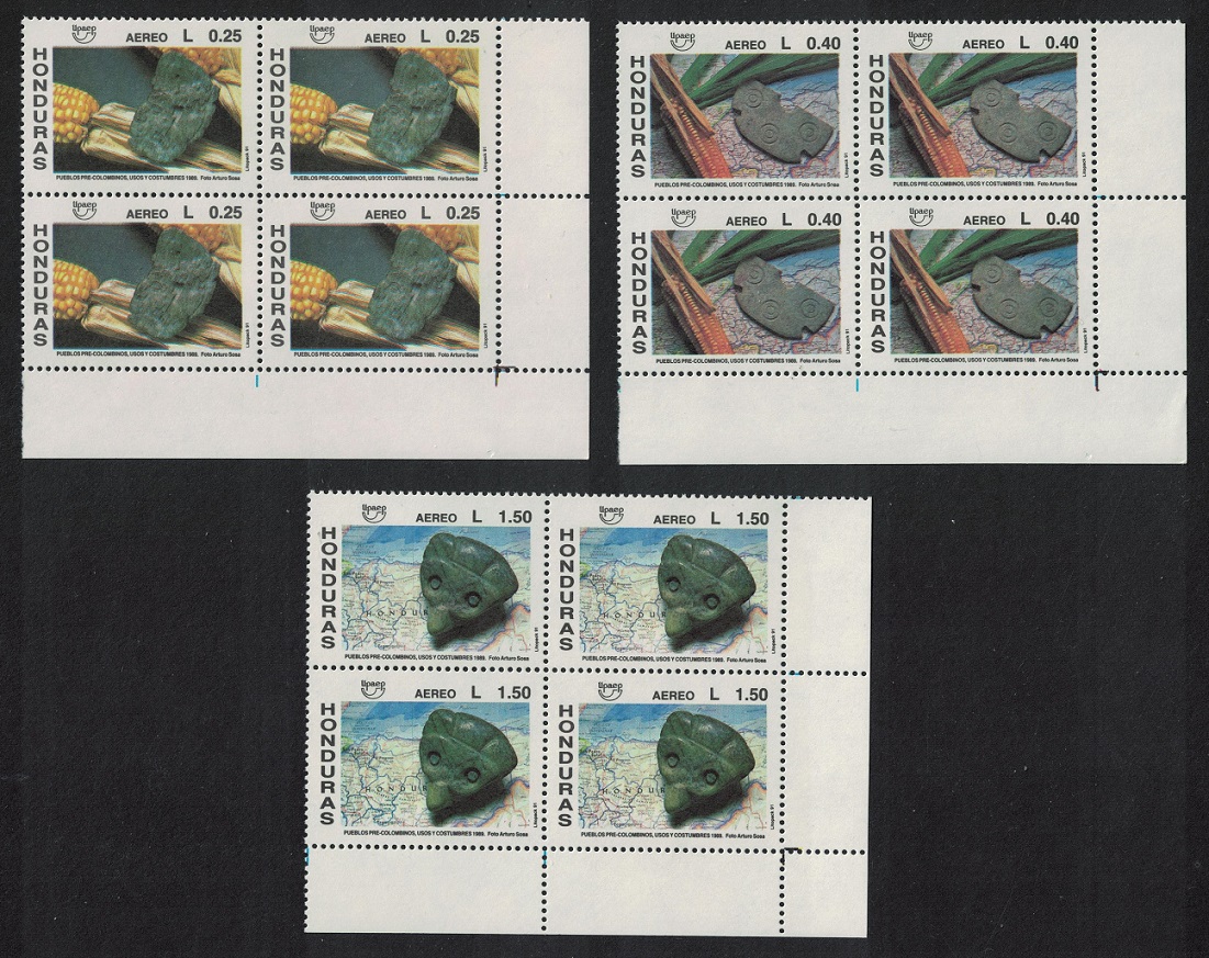 Honduras Pre-Columbian Civilisations UPAEP 3v Corner Blocks of 4 1991 MNH SG#1149-1151 MI#1119-1121