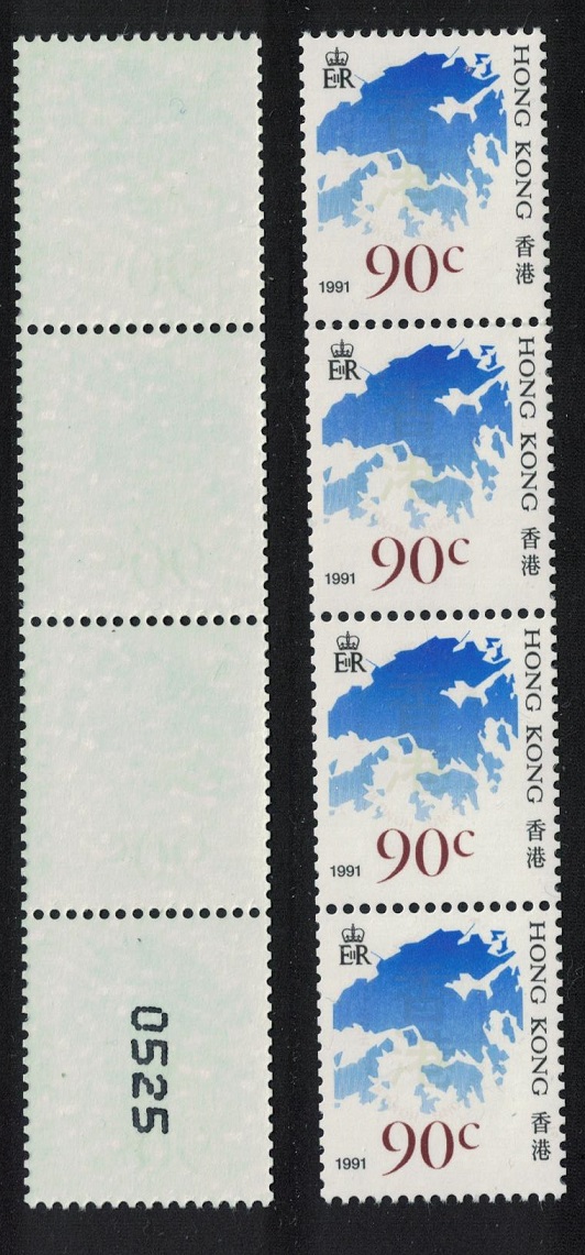 Hong Kong Coil Stamps 90c imprint &#39;1991&#39; Strip of 4 Control Number MNH SG#554d MI#642