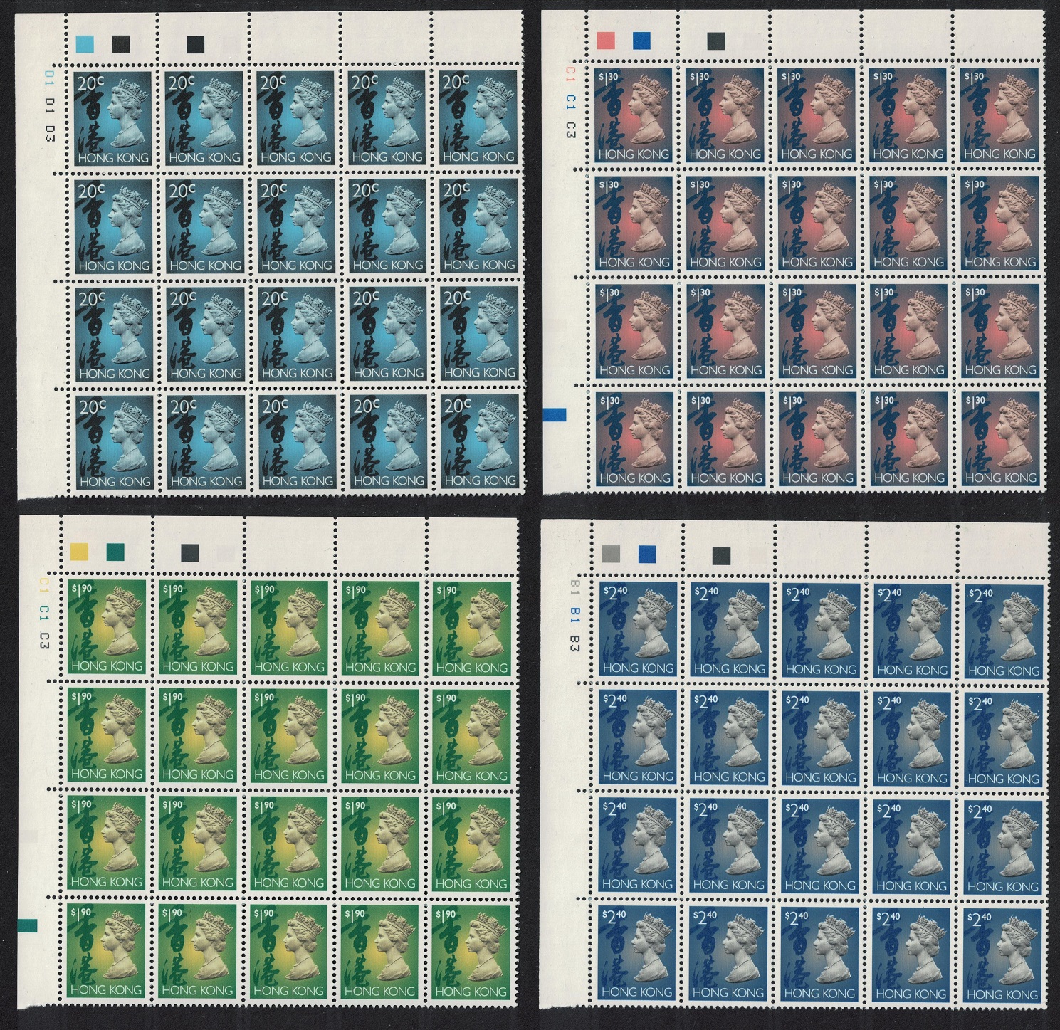 Hong Kong Definitives Machin 2nd issue 4 values Blocks of 20 1993 MNH SG#702b - 713a MI#701 Ix - 704 Ix