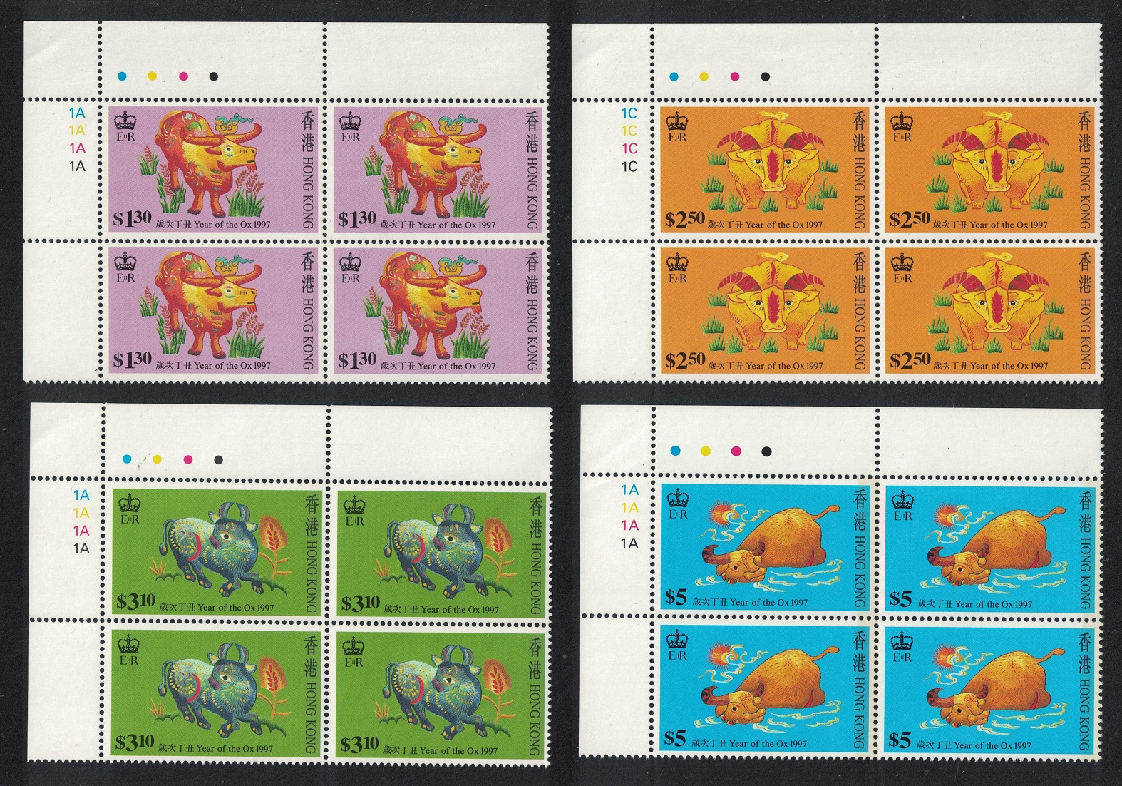 Hong Kong Chinese New Year of the Ox 4v Corner Blocks of 4 1997 MNH SG#874-877 MI#785C-788C Sc#780-83