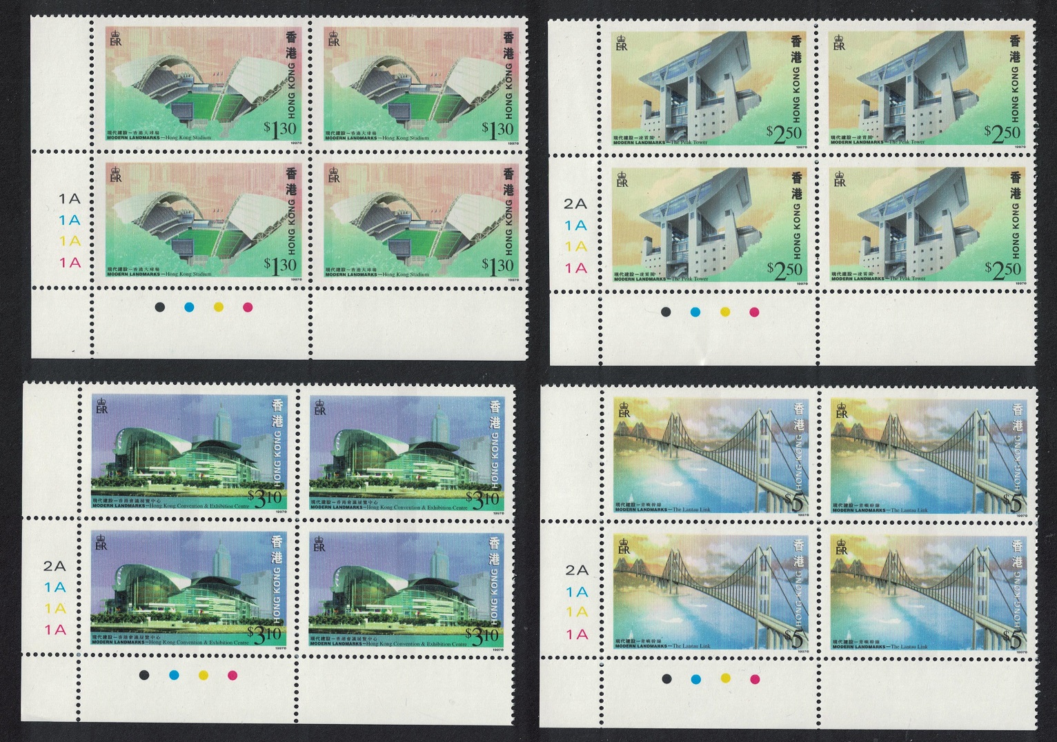 Hong Kong Modern Landmarks 4v Corner Blocks of 4 1997 MNH SG#888-891 MI#815-818A Sc#788-791