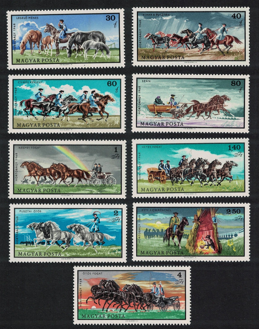 Hungary Horse-breeding on the Hortobagy &#39;puszta&#39; Hungarian steppe 9v 1968 MNH SG#2371-2379