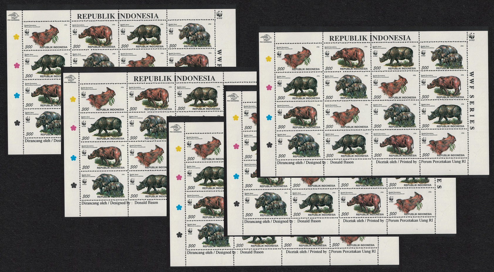 Indonesia WWF Rhinoceros 5 Sheetlets [A] 1996 MNH SG#2267-2270 MI#1648-1651 Sc#1673 a-d