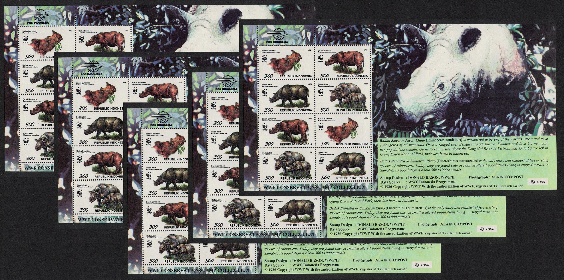 Indonesia WWF Rhinoceros 5 Sheetlets of 2 sets [A] 1996 MNH SG#2267-2270 MI#1648-1651 Sc#1673 a-d