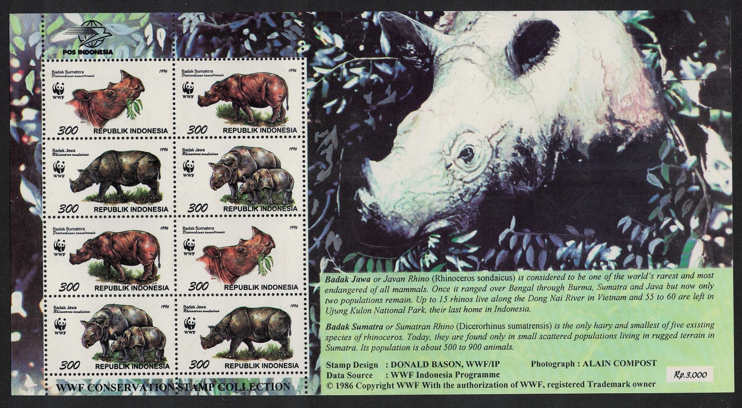 Indonesia WWF Rhinoceros Sheetlet of 2 sets 1996 MNH SG#2267-2270 MI#1648-1651 Sc#1673 a-d