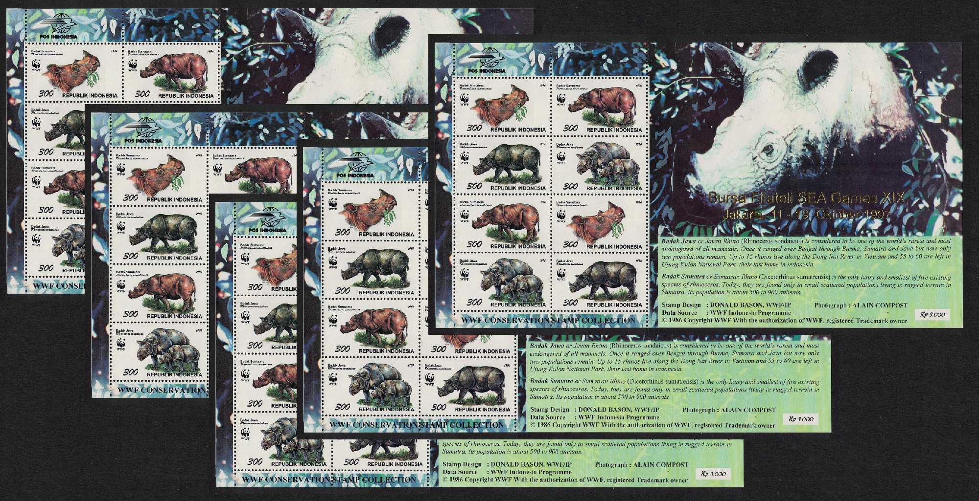 Indonesia WWF Rhinoceros 5 Sheetlets Overprints [A] 1996 MNH SG#2267-2270 MI#1648 II-1651 II KBG Sc#1673 a-d