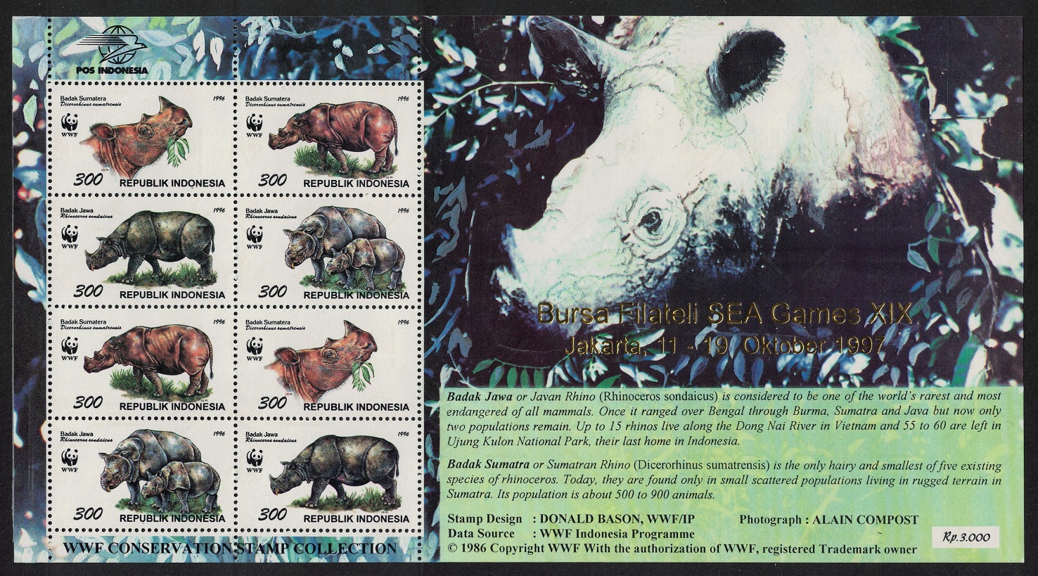 Indonesia WWF Rhinoceros Sheetlet of 2 sets overprint 1997 MNH SG#2267-2270 MI#1648 II-1651 II KBG Sc#1673 a-d