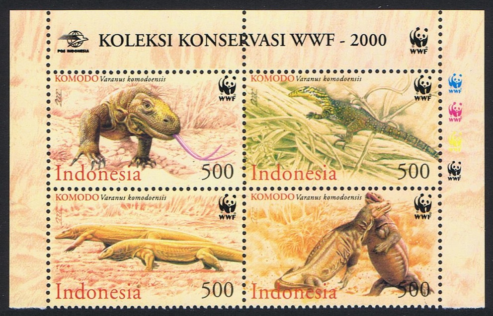 Indonesia WWF Komodo Dragon 4v Block of 4 WWF Logo 2000 MNH SG#2620-2623 MI#2005-2008 Sc#1911-1914