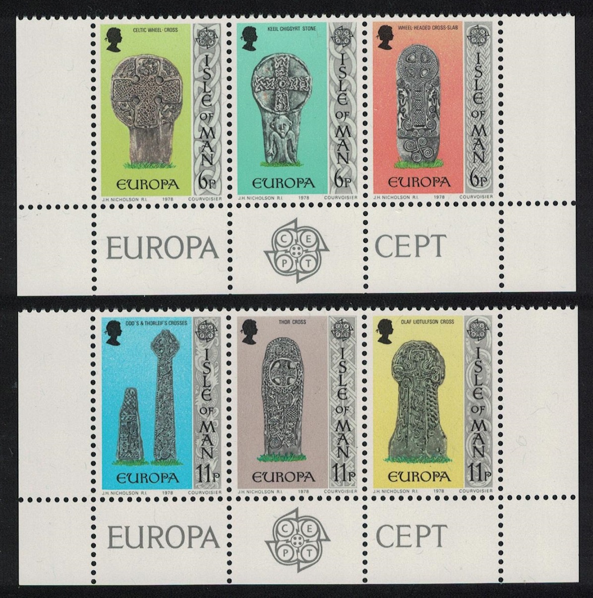 Isle of Man Europa Celtic and Norse Crosses 6v Bottom strips 1978 MNH SG#133-138 Sc#133a+136a