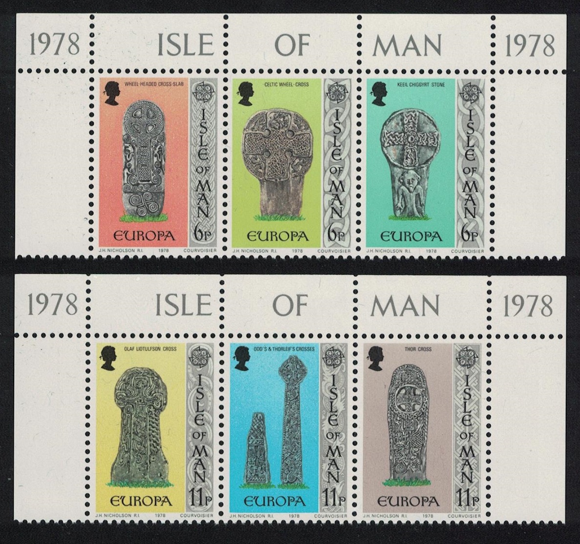 Isle of Man Europa Celtic and Norse Crosses 6v Top strips 1978 MNH SG#133-138 Sc#133a+136a