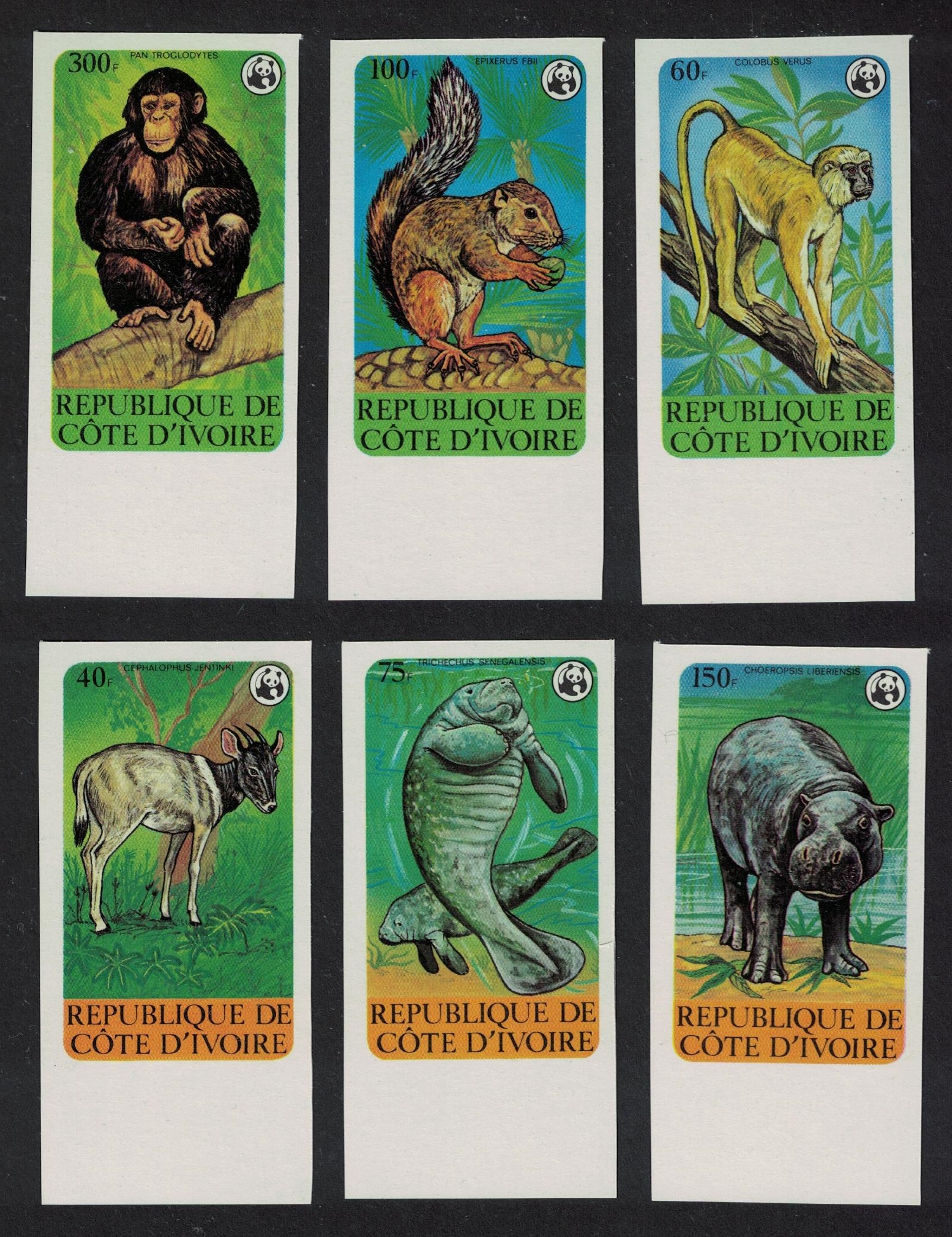 Ivory Coast WWF Endangered Animals 6v imperf margins 1979 MNH SG#613-618 MI#620-625 Sc#528-533