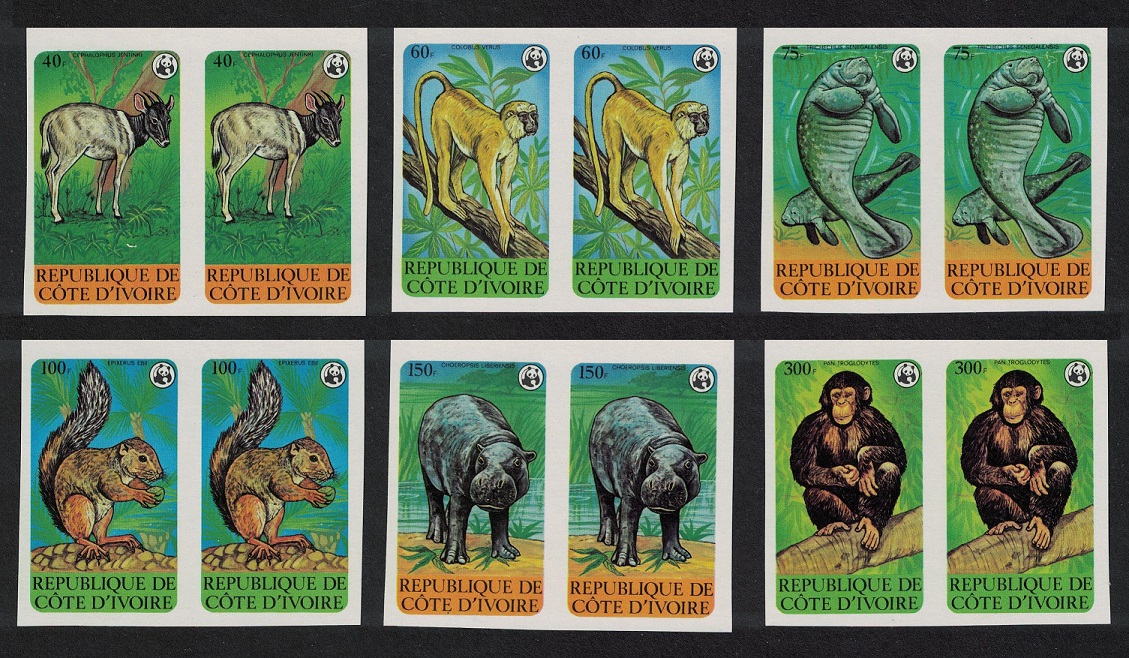 Ivory Coast WWF Endangered Animals 6v imperf pairs 1979 MNH SG#613-618 MI#620-625 Sc#528-533