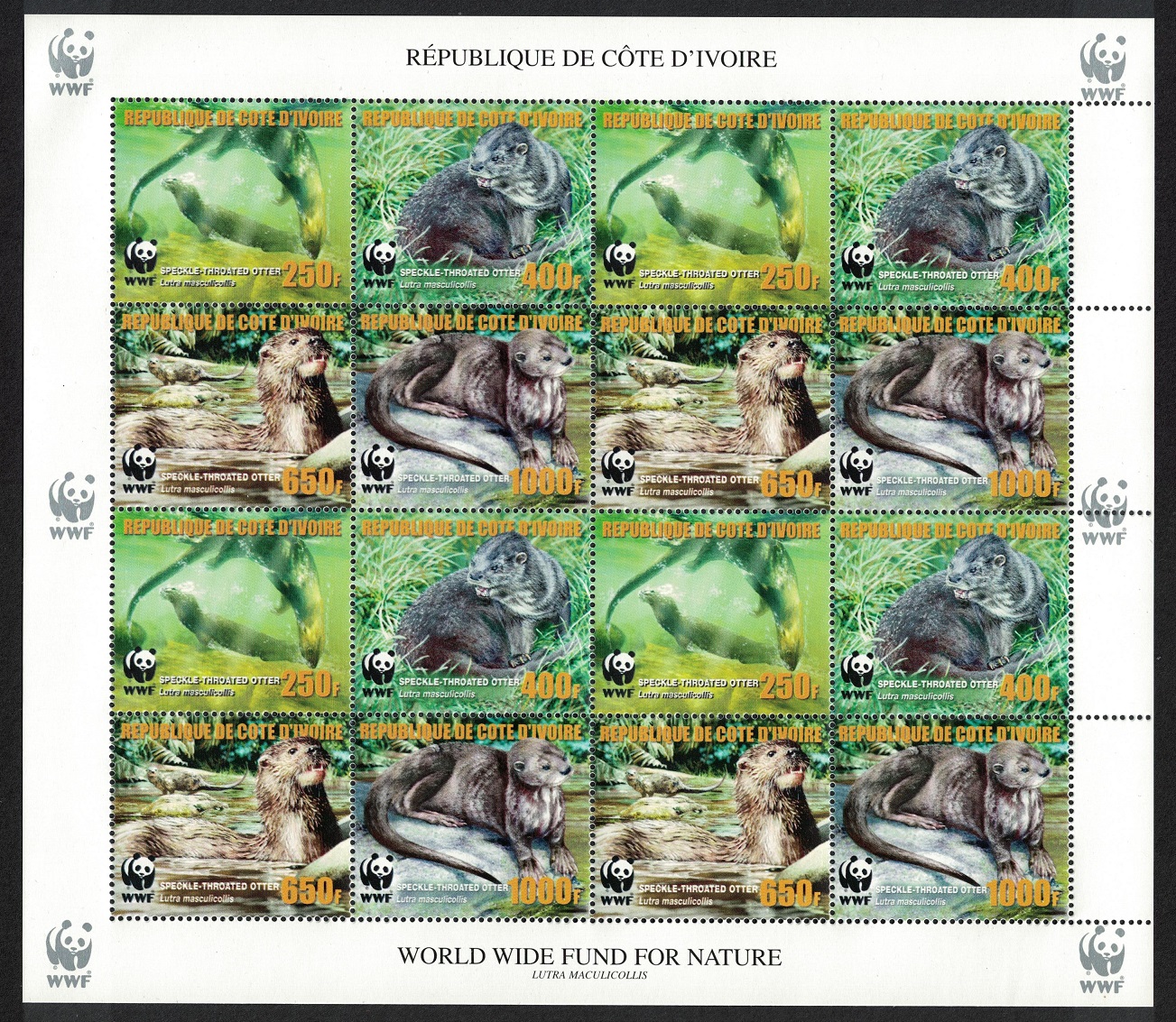 Ivory Coast WWF Speckle-throated Otter Sheetlet of 4 sets ERROR 2005 MNH MI#1349A-1352A