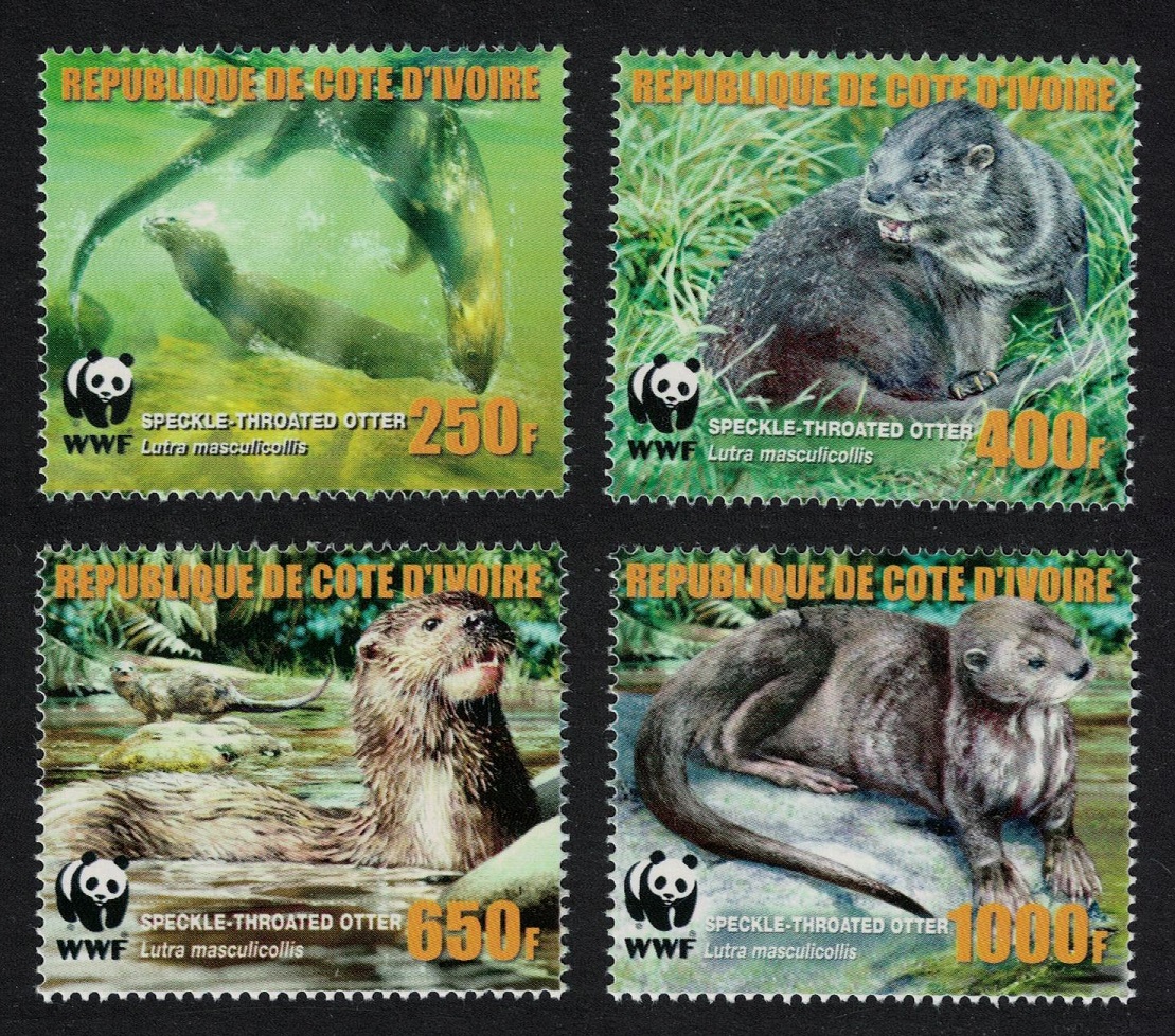 Ivory Coast WWF Speckle-throated Otter 4v 1st print ERROR 2005 MNH MI#1349A-1352A