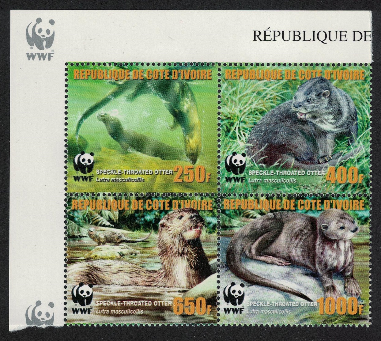 Ivory Coast WWF Speckle-throated Otter Block of 4 ERROR 2005 MNH MI#1349-1352A