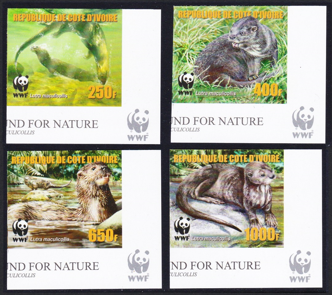 Ivory Coast WWF Speckle-throated Otter 4v IMPERF Reprint Corners 2005 MNH MI#1353B-1356B