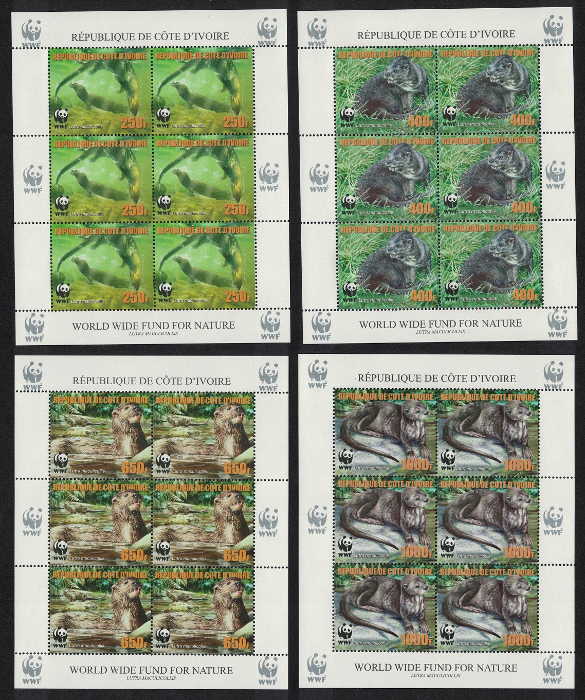 Ivory Coast WWF Speckle-throated Otter 4 Sheetlets of 6 stamps reprint 2005 MNH MI#1353A-1356A