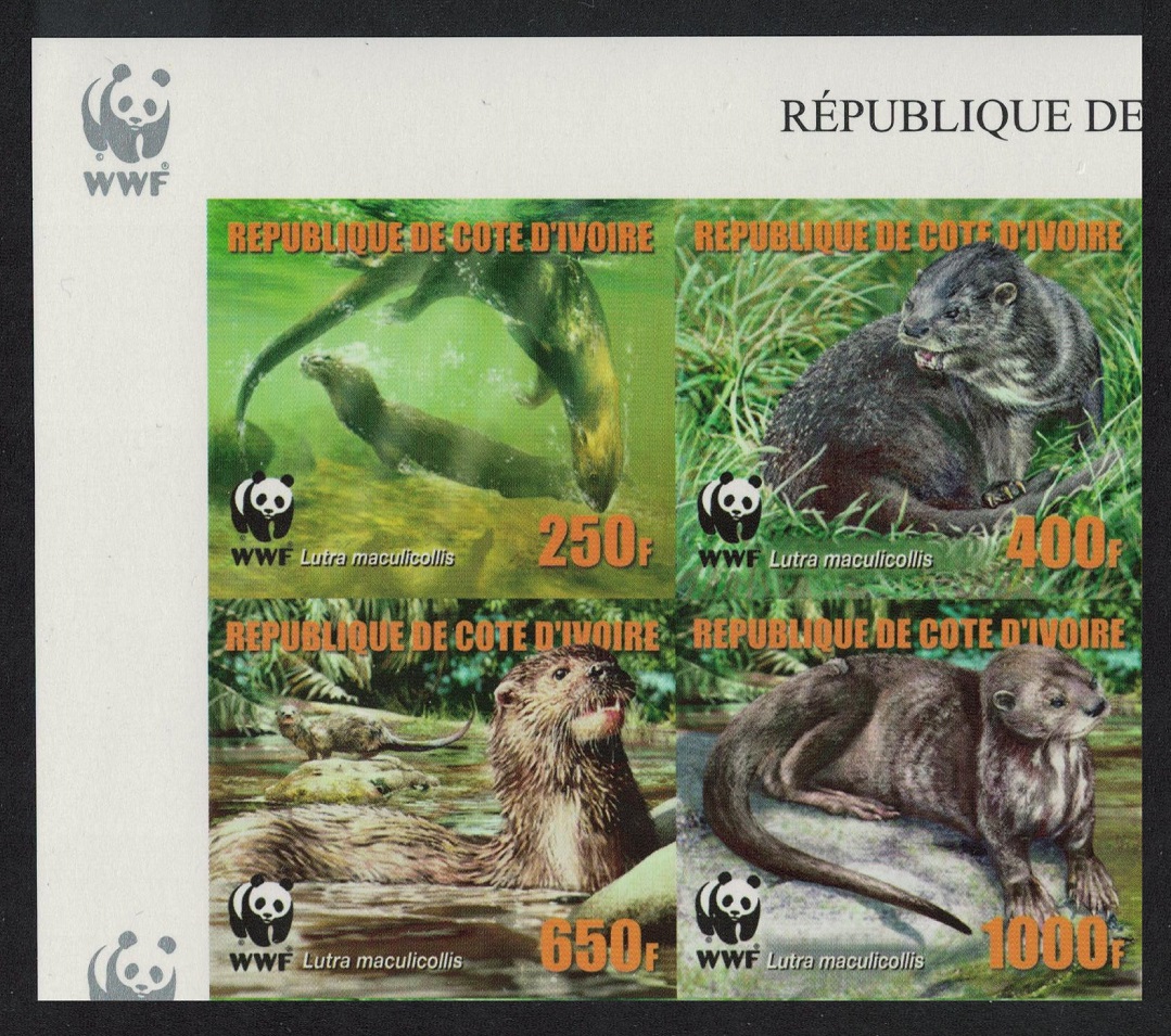 Ivory Coast WWF Speckle-throated Otter Block of 4 Imperf Reprint 2005 MNH MI#1353B-1356B