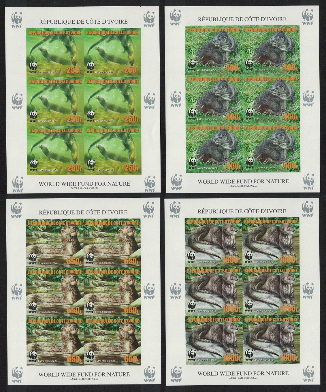 Ivory Coast WWF Speckle-throated Otter 4 imperf Sheetlets of 6 Reprint 2005 MNH MI#1353B-1356B