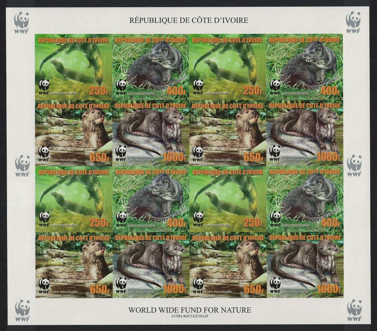 Ivory Coast WWF Otter Imperf Sheetlet of 4 sets reprint 2005 MNH MI#1353B-1356B