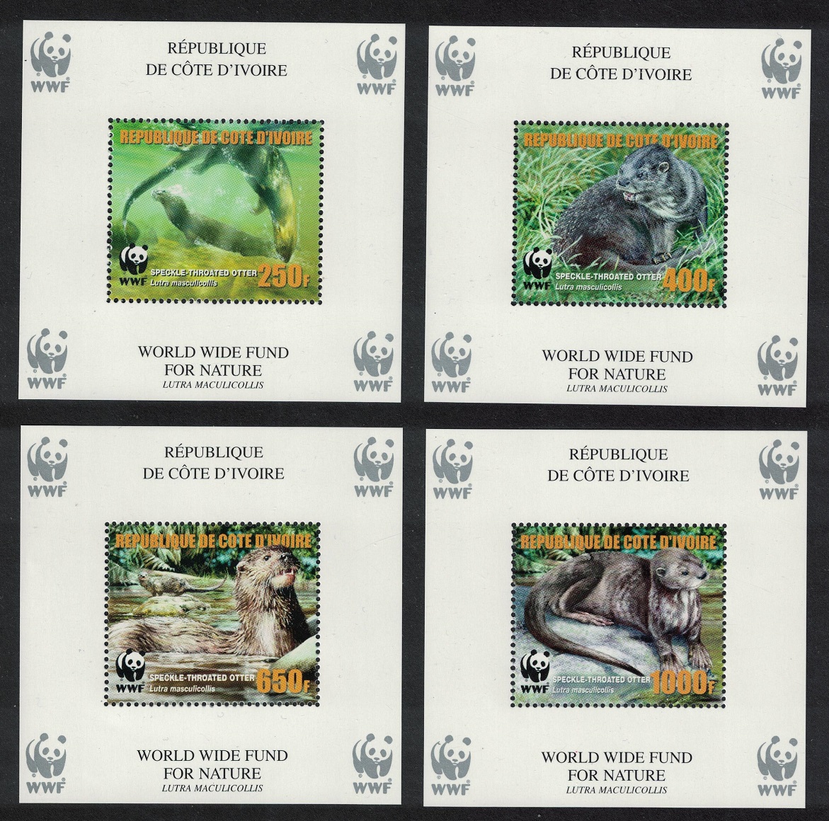 Ivory Coast WWF Speckle-throated Otter 4 MSs ERROR 2005 MNH MI#Block 54A-57A