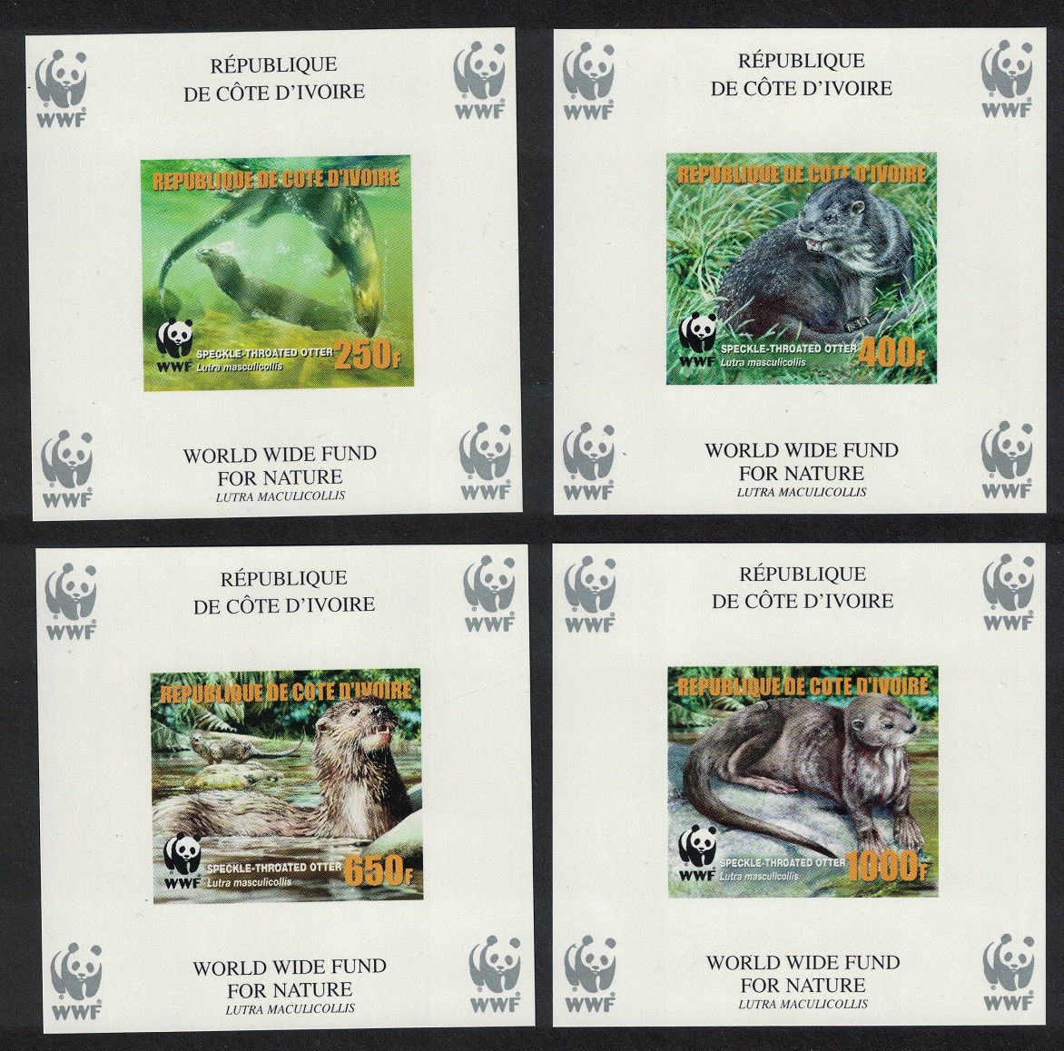 Ivory Coast WWF Speckle-throated Otter 4 Mss imperf reprint 2005 MNH MI#Block 59B-62B