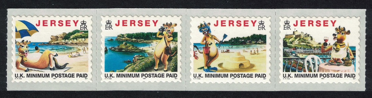 Jersey Tourism Lillie the Cow Self-adhesive 4v Strip Imprint &#39;1997&#39; MNH SG#770-773