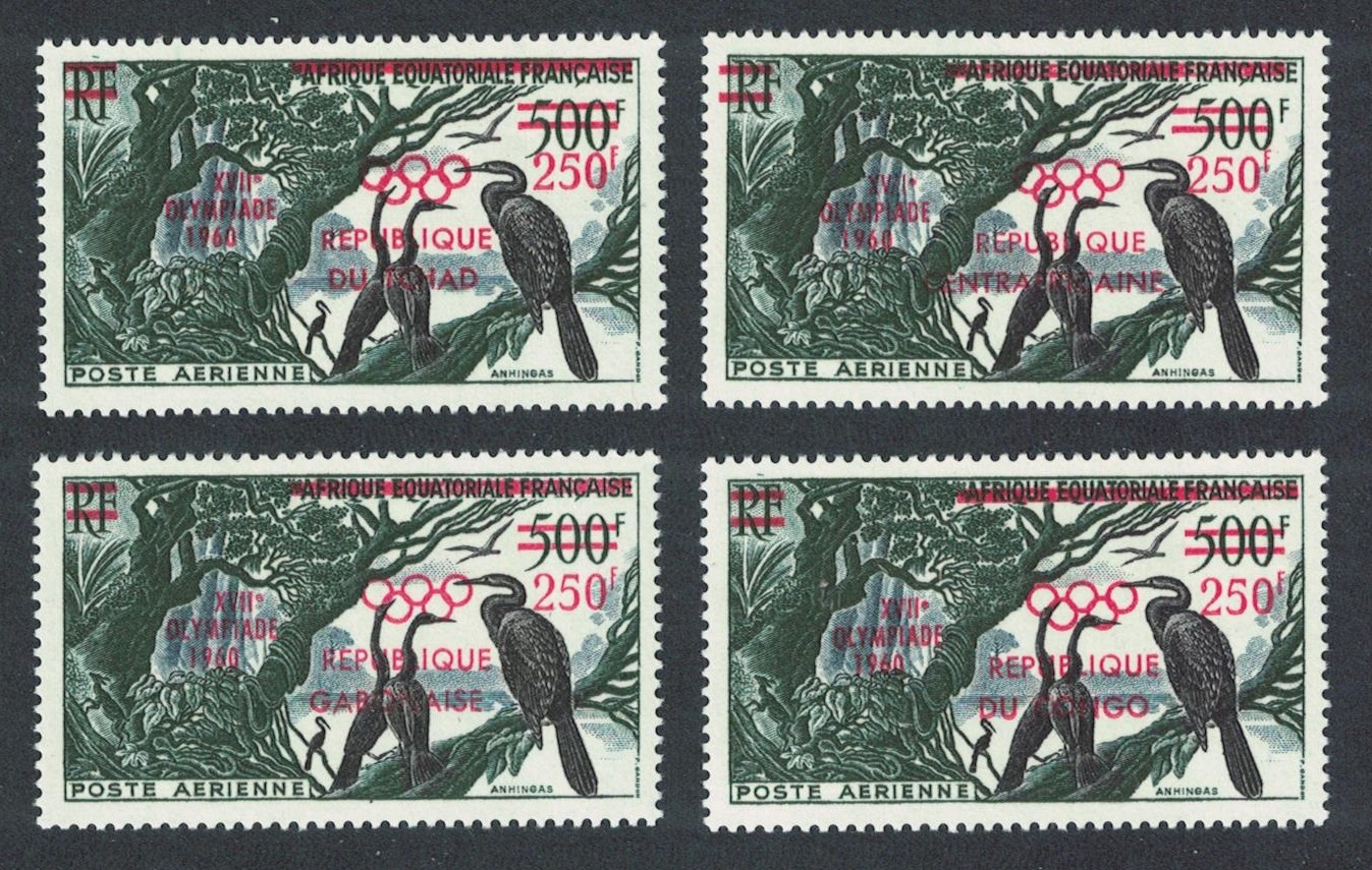 Joint Issues Anhinga Birds overprinted &#39;Tokyo Olympic Games&#39; 4v COMPLETE 1960 MNH