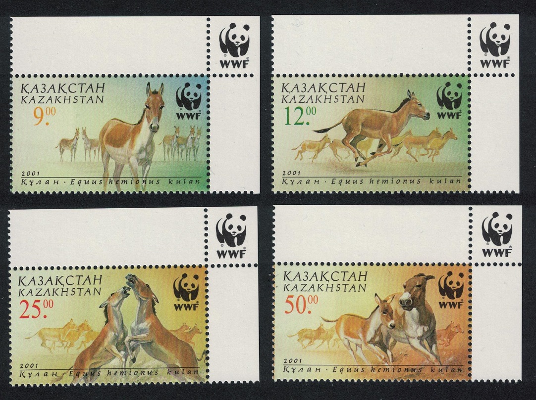 Kazakhstan WWF Kulan Horses Animals Fauna 4v Corners WWF Logo 2001 MNH SG#332-335 MI#345-348 Sc#344-347