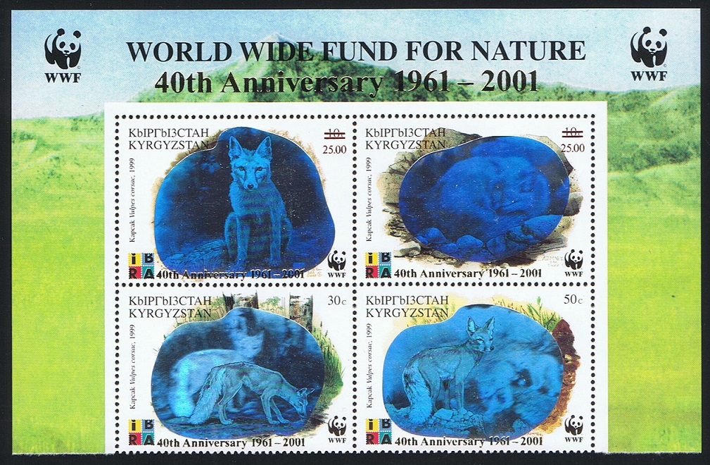 Kyrgyzstan WWF Fox 40th Anniversary 4v Block of 4 overprint WWF Logo 2001 MNH SG#240-243 MI#249-252 Sc#175 a-d