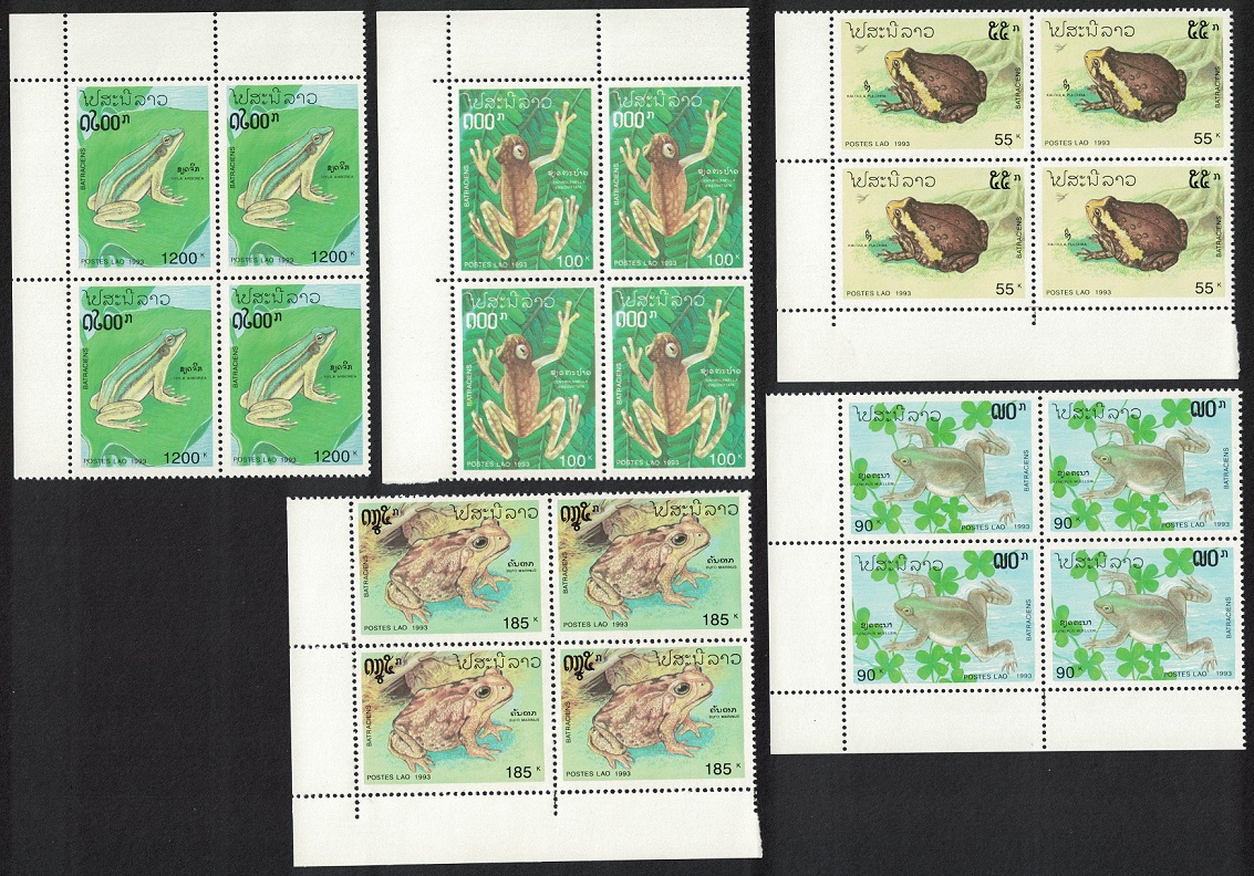 Laos Frog Toad Bullfrog Amphibians 5v Corner Blocks of 4 1993 MNH SG#1334-1338