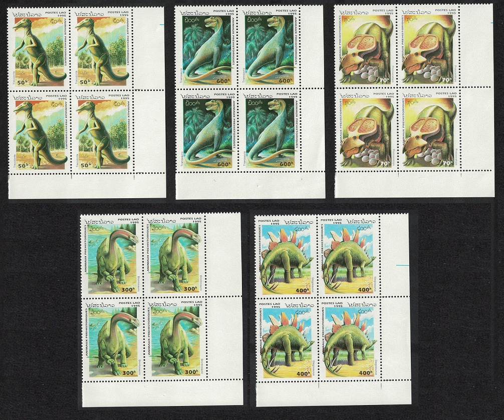 Laos Dinosaurs Prehistoric Animals 5v Corner Blocks of 4 1995 MNH SG#1429-1433 Sc#1208-1212