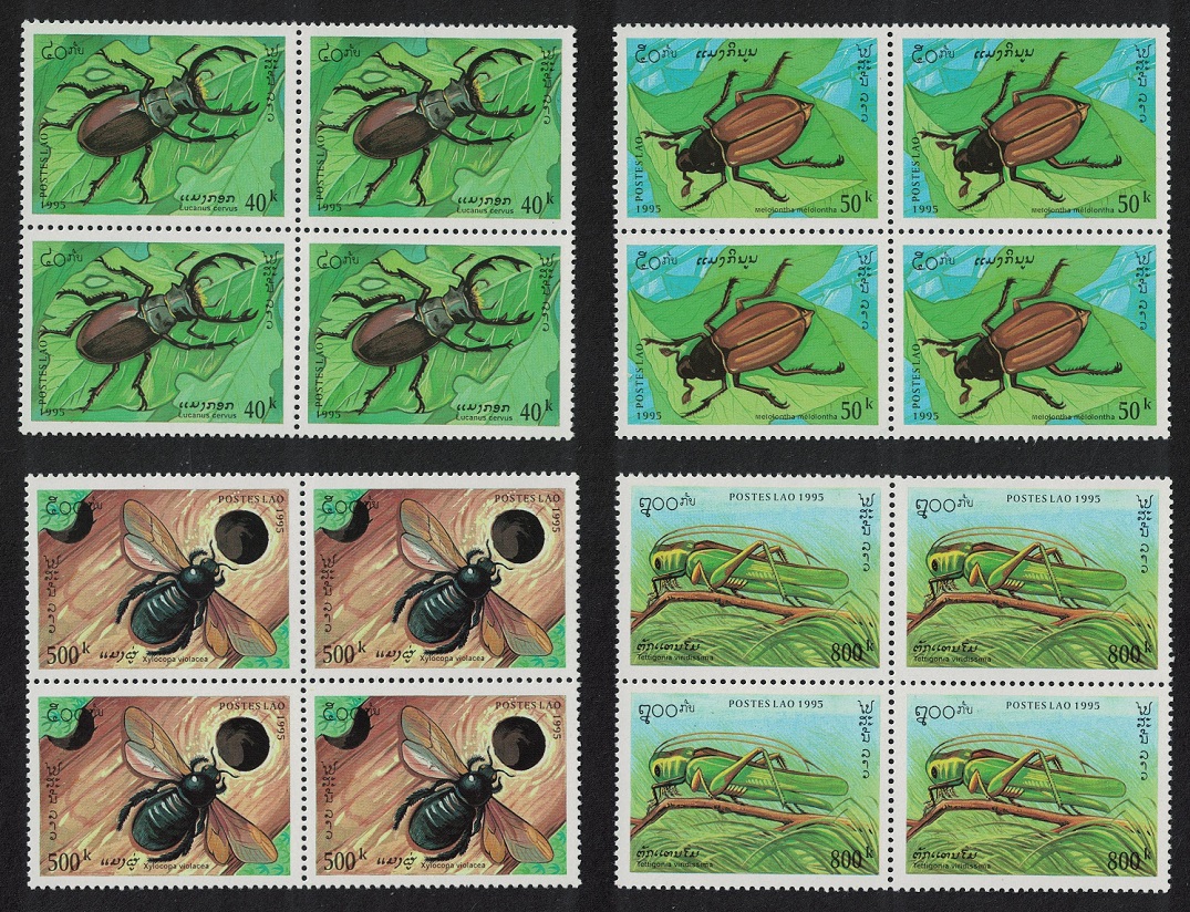 Laos Beetles Grasshopper Insects 4v Blocks of 4 1885 MNH SG#1467-1470 Sc#1243-1246