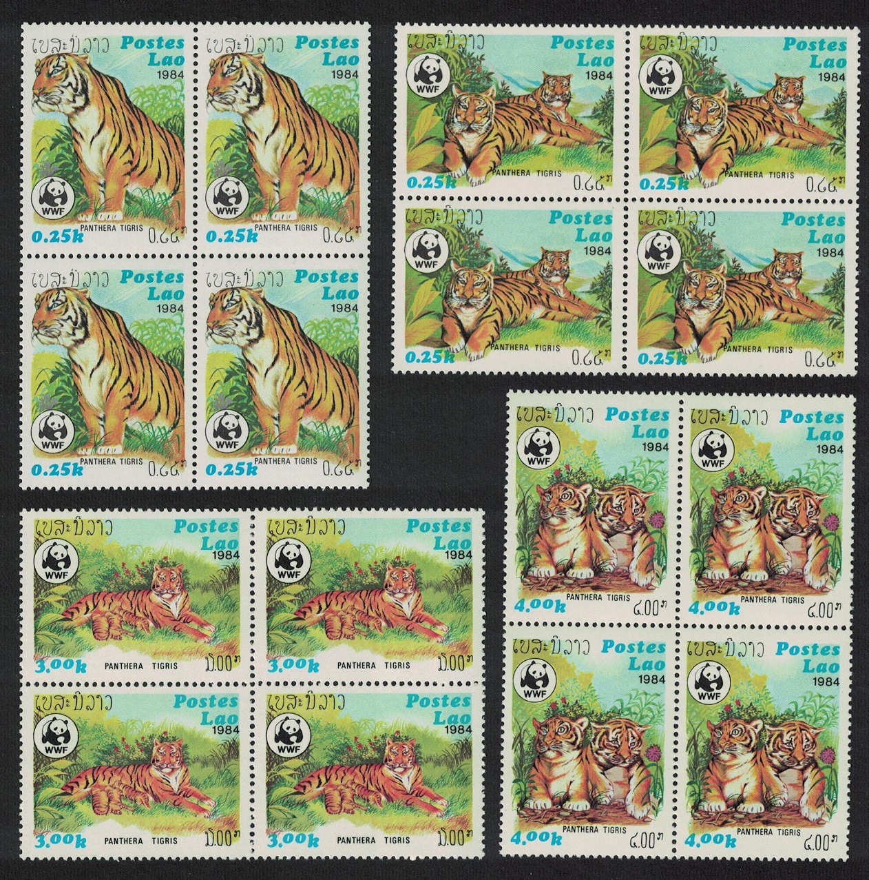 Laos WWF Tiger 4v Blocks of 4 1984 MNH SG#704-707 MI#706-709 Sc#517-520