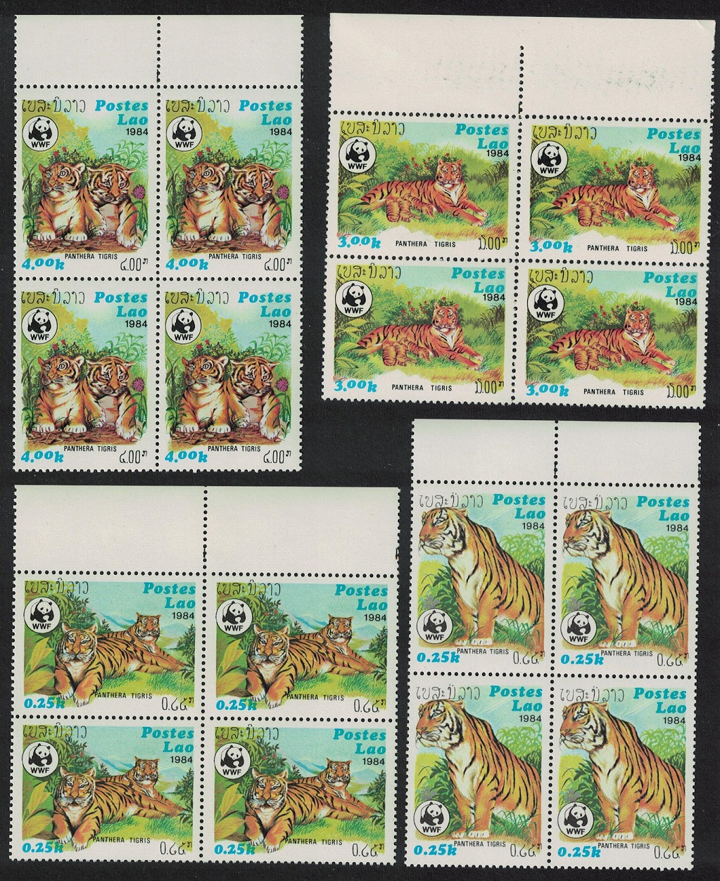 Laos WWF Tiger 4v Blocks of 4 with margins 1984 MNH SG#704-707 MI#706-709 Sc#517-520