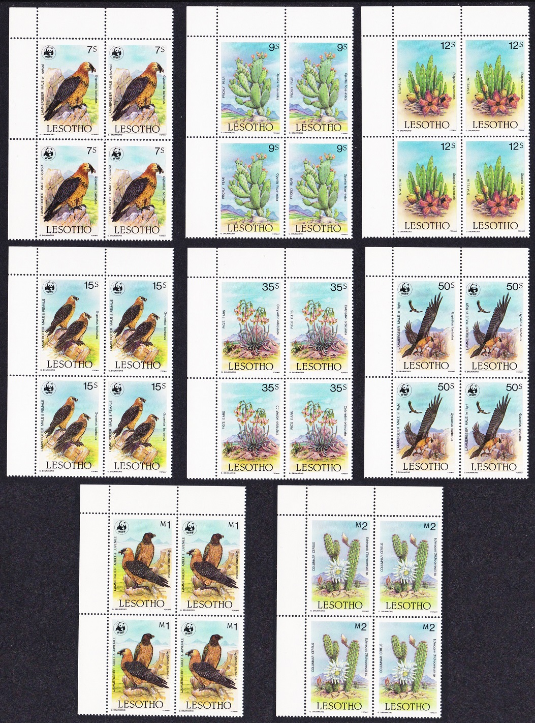 Lesotho WWF Lammergeier Birds Cacti 8 T1 Corner blocks 1986 MNH SG#677-684 MI#556-563 Sc#512-519