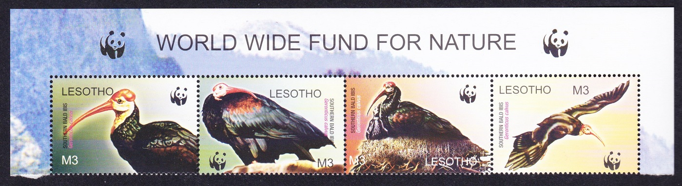 Lesotho WWF Southern Bald Ibis Birds Top Strip WWF Logo 2004 MNH SG#1934-1937 MI#1895-1898 Sc#1336 a-d