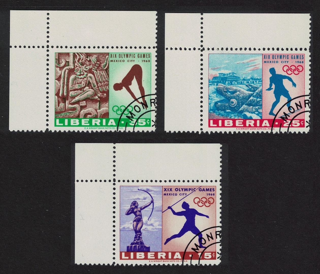 Liberia Olympic Games Mexico 3v Corners 1968 CTO SG#988-990