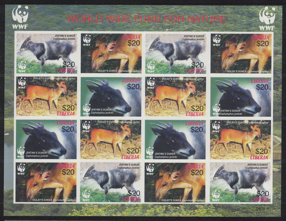 Liberia WWF Duikers Imperf Sheetlet of 4 sets 2005 MNH MI#5100B-5103B Sc#2370 a-d