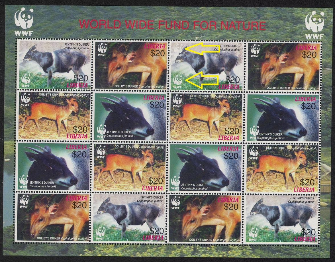 Liberia WWF Duikers Sheetlet of 4 sets ERROR Double Logo 2005 MNH MI#5100F-5103 Sc#2370 a-d