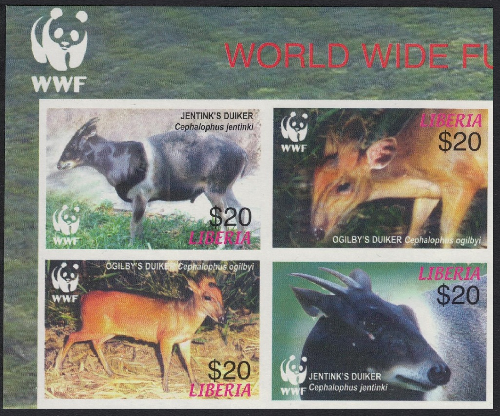 Liberia WWF Duikers block 2*2 WWF Logo Imperf 2005 MNH MI#5100-5103 Sc#2370 a-d