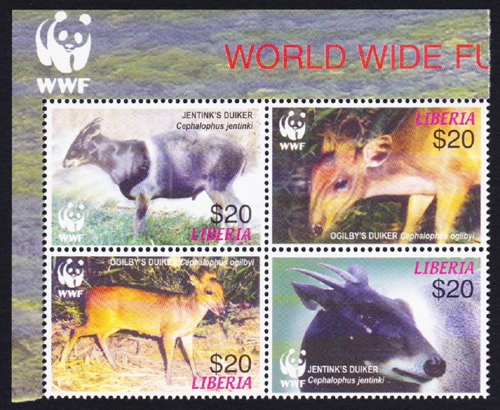 Liberia WWF Duikers Corner block 2*2 WWF Logo 2005 MNH MI#5100-5103 Sc#2370 a-d