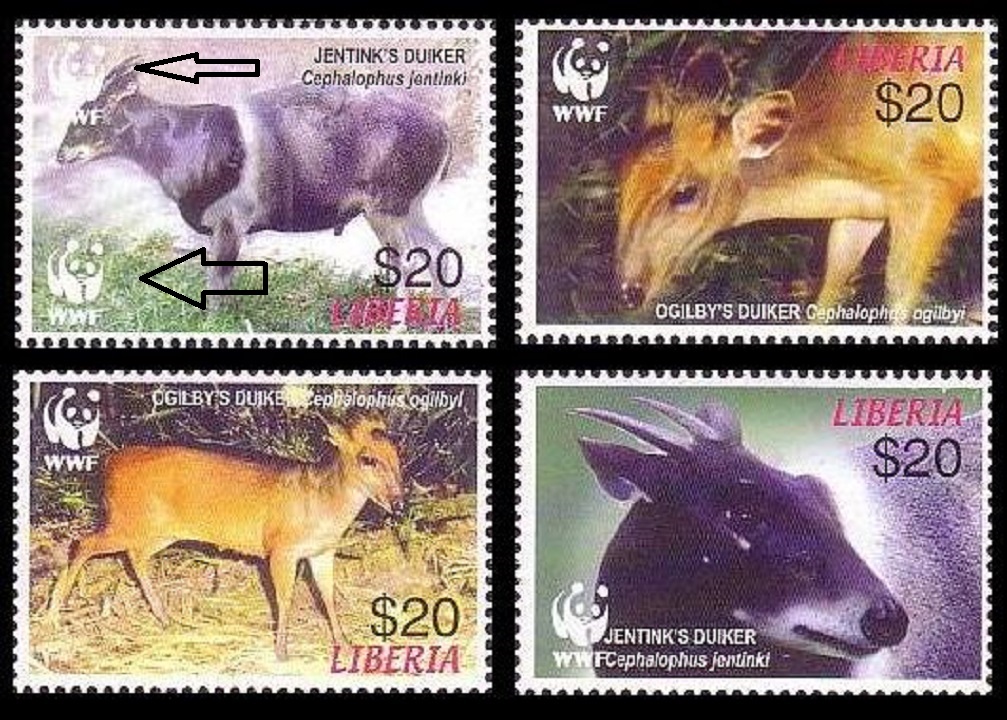 Liberia WWF Duikers 4v with ERROR Double Logo 2005 MNH MI#5100F-5103 Sc#2370 a-d