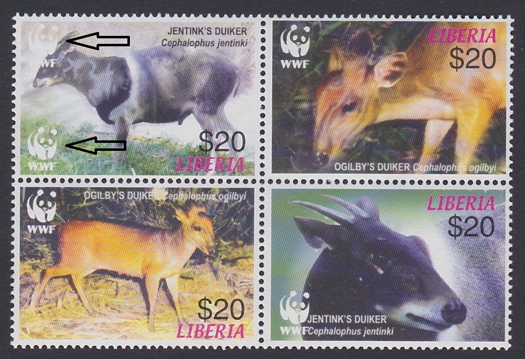 Liberia WWF Duikers 4v block 2*2 ERROR Double Logo 2005 MNH MI#5100F-5103 Sc#2370 a-d