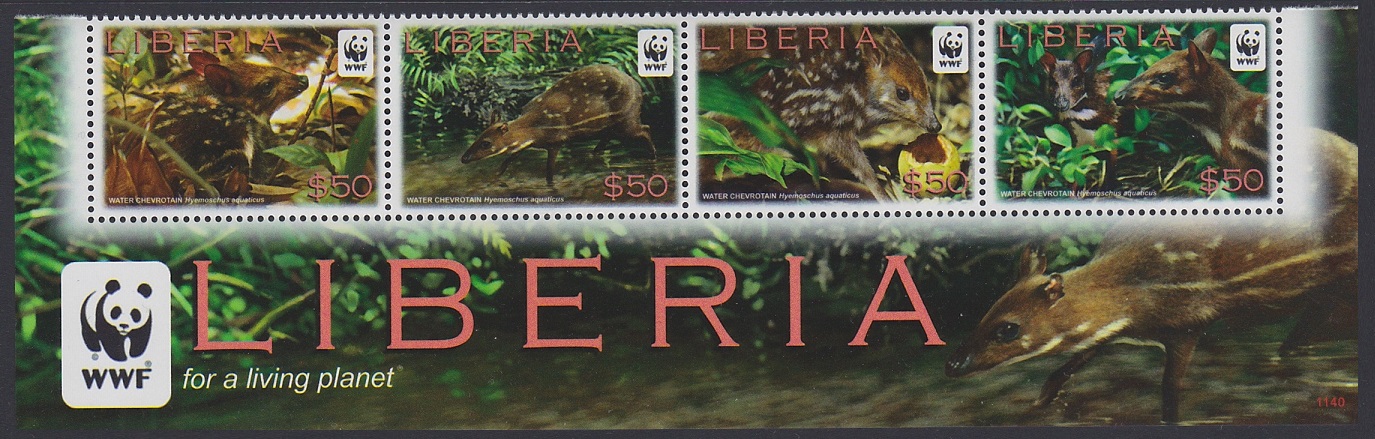 Liberia WWF Water Chevrotain strip of 4 WWF Logo 2011 MNH