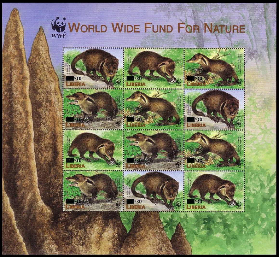 Liberia WWF Liberian Mongoose Sheetlet of 3 sets with overprint 1999 MNH MI#4766-4769 ZDB