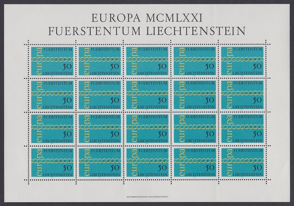 Liechtenstein &#39;Europa Chain&#39; Full Sheet 1971 MNH SG#536 Sc#485