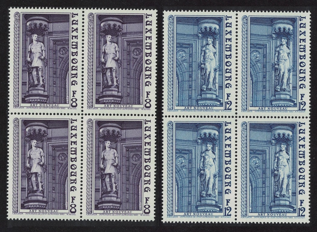 Luxembourg Art Nouveau Sculpture Statues 2v Blocks of 4 1980 MNH SG#1051-1052 MI#1014-1015