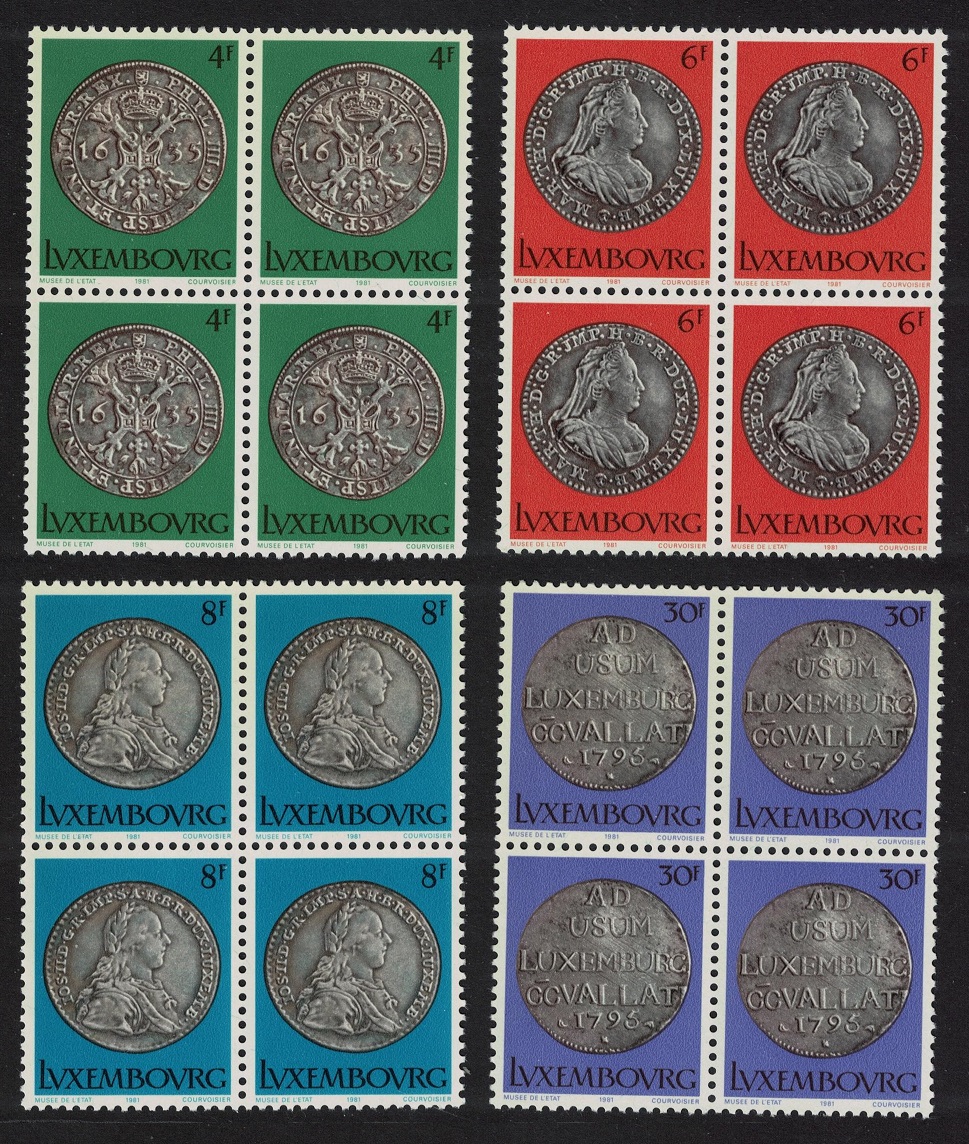 Luxembourg Coins in the State Museum 4v Blocks of 4 1981 MNH SG#1060-1063 MI#1025-1028