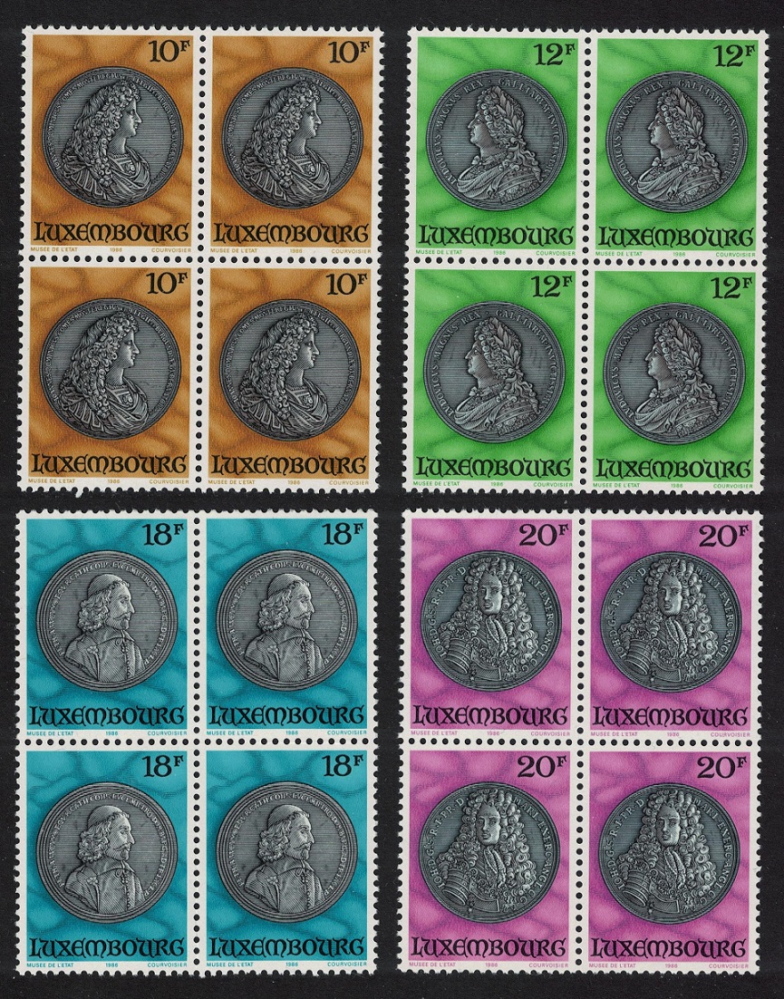 Luxembourg Portrait Medals in State Museum 4v Blocks of 4 1986 MNH SG#1173-1176 MI#1143-1146